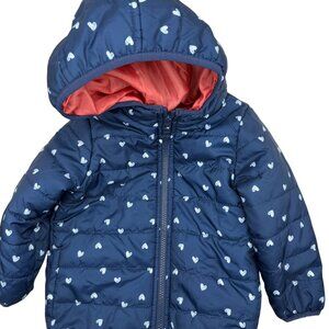 Carters Girls Coat 24 Months Hooded Puffer Jacket Blue White Hearts Print